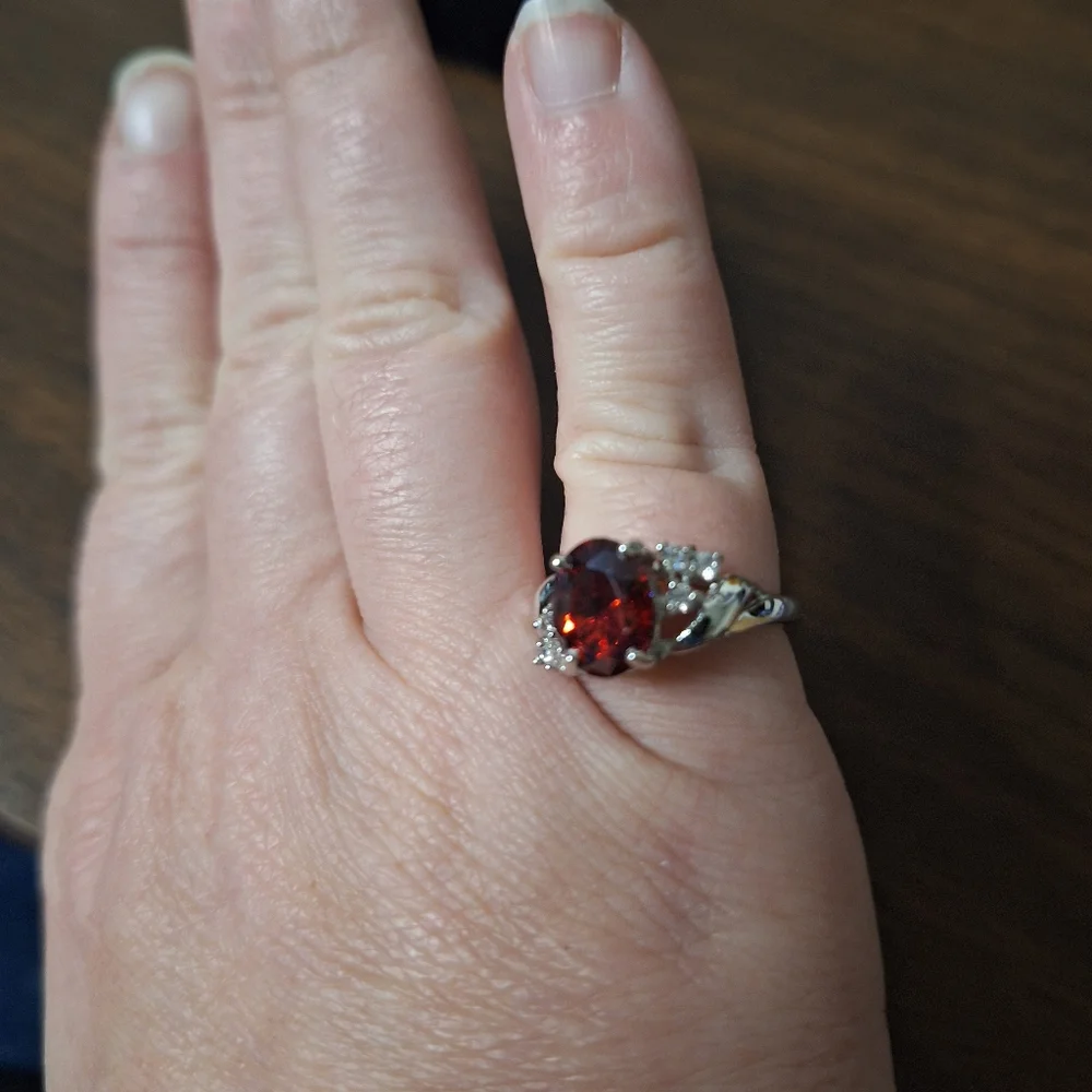 Red Swarovski Crystal Oval Statement Ring Silver Tone